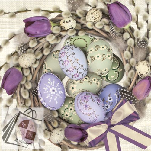 Húsvét Violet Tulips Wreath szalvéta 20 db-os 33x33 cm