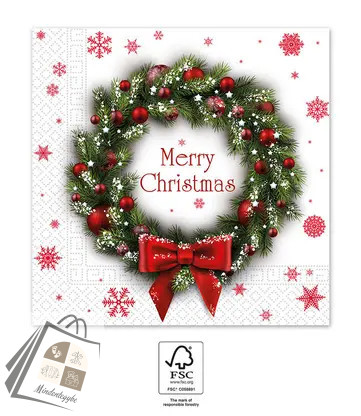 Karácsonyi Merry Xmas Wreath szalvéta 20 db-os 33x33 cm FSC