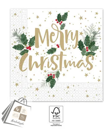 Karácsonyi Holly Merry szalvéta 20 db-os 33x33 cm FSC